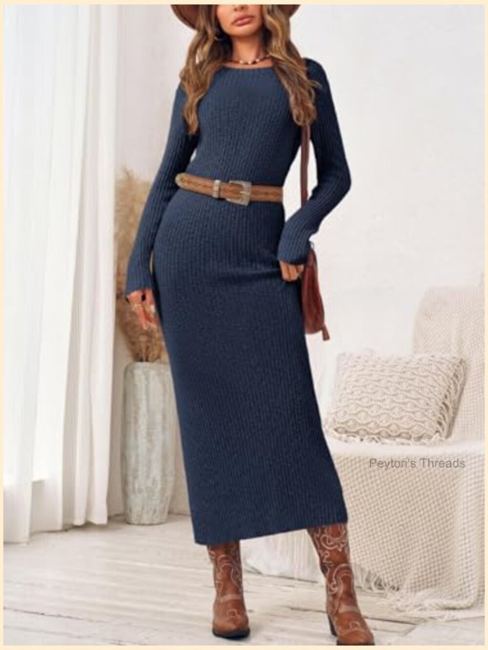 Ribbed Knit Long Sleeve Sweater Maxi Dress Bodycon Slim Fit Casual Fall - Picture 2 of 7